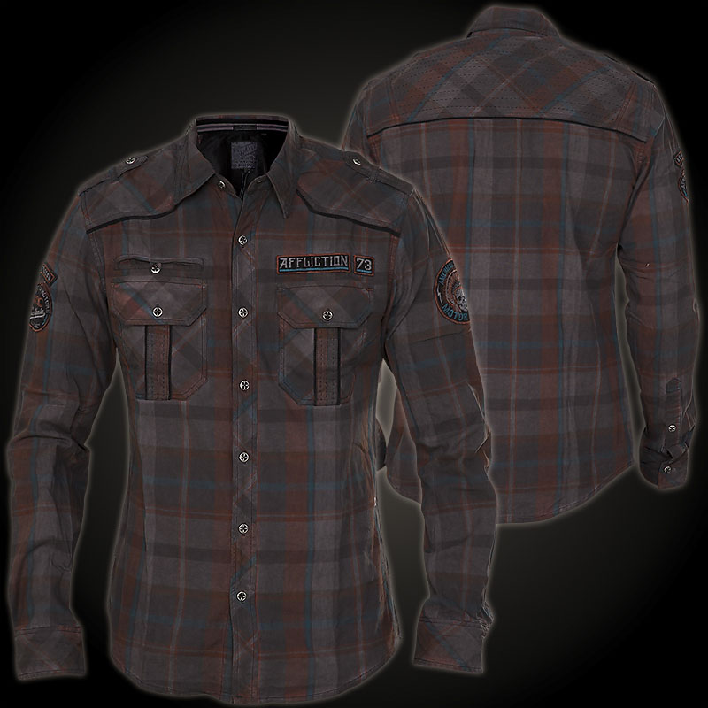 Affliction Shirt Custom Cycles Flannel plaid shirt with embroidered patches