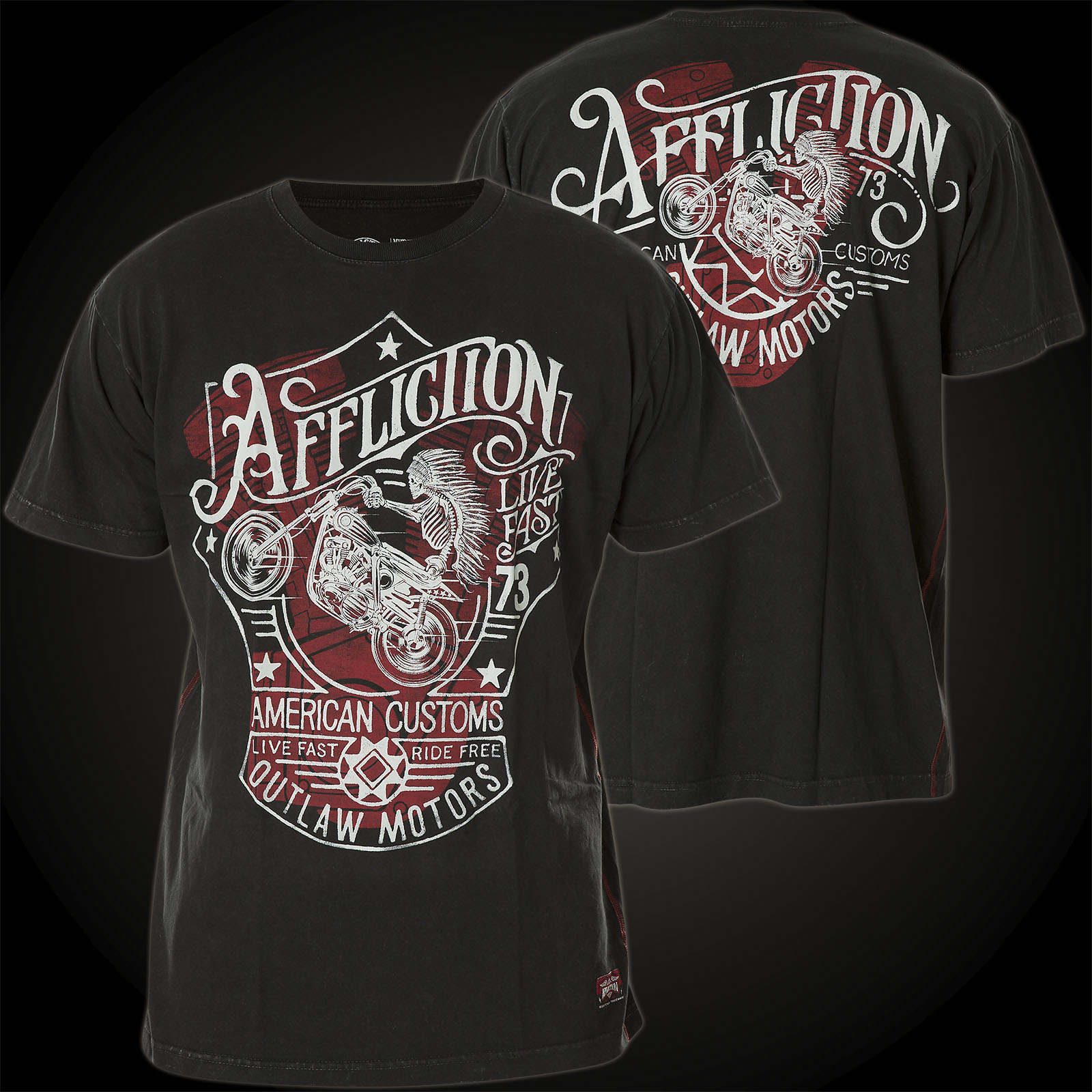 Affliction T-Shirt Snake River Outlaw Print with a motorcycle