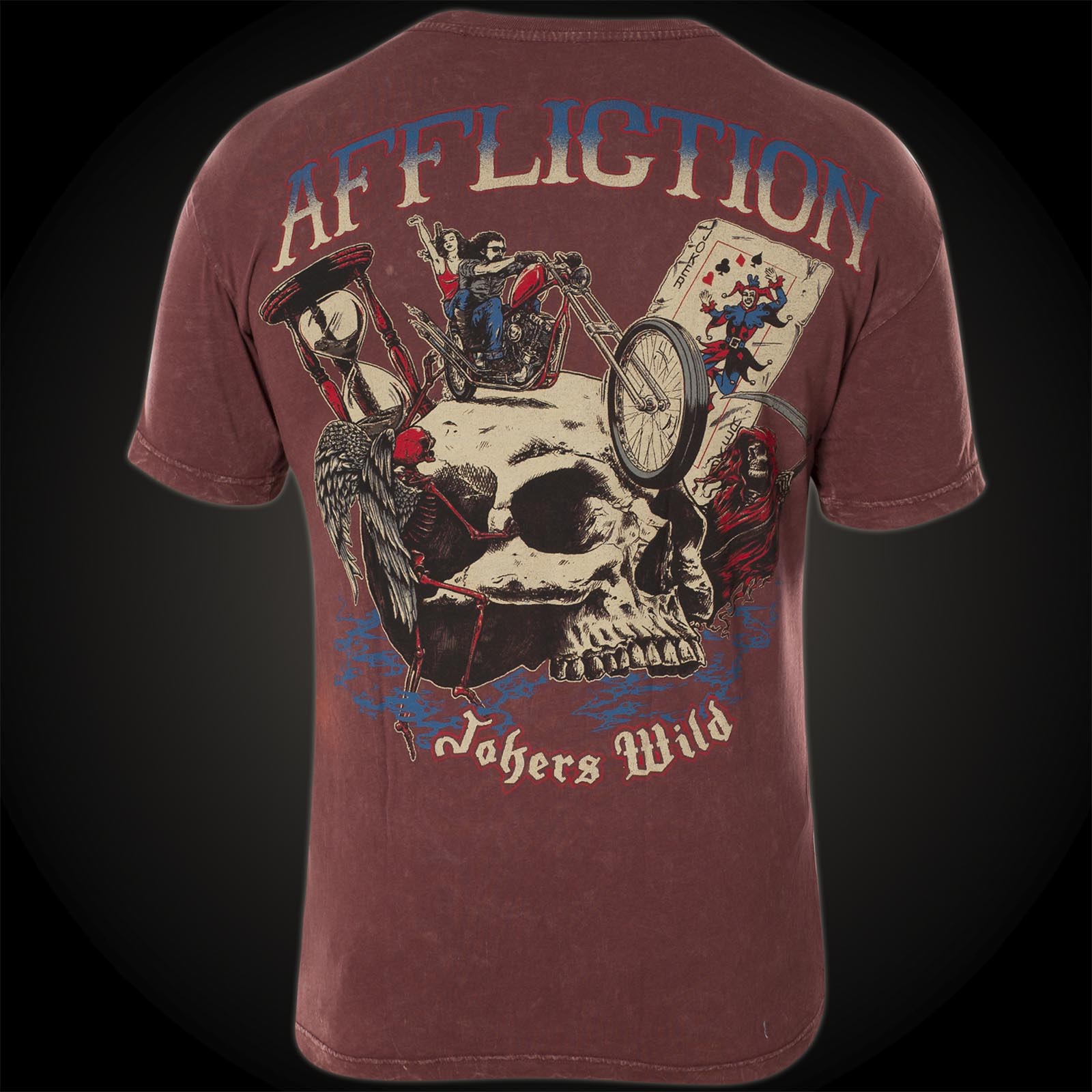 Affliction Jokers Wild Print featuring a biker, Joker and hourglass