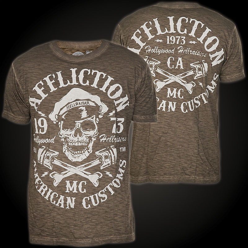 Affliction T-Shirt Hollywood Hellraisers in Brown with a grinning skull