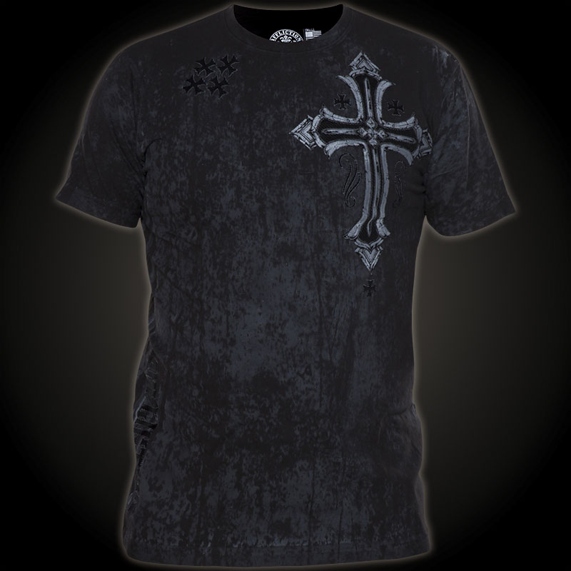 Affliction Concept T-shirt in Black with a large cross and skull