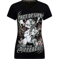 T-Shirt with highly detailed print    Fact of Life T-Shirt Different GS-06  in black  Short-sleeved shirt wit v-neck  Large print with lettering in front and back side    95% Viskose, 5% Elasthan    Authentic T-Shirt by Fact of Life  ...