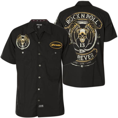 Wornstar Button Down Rock N Roll Forever Shirt with lettering and skull