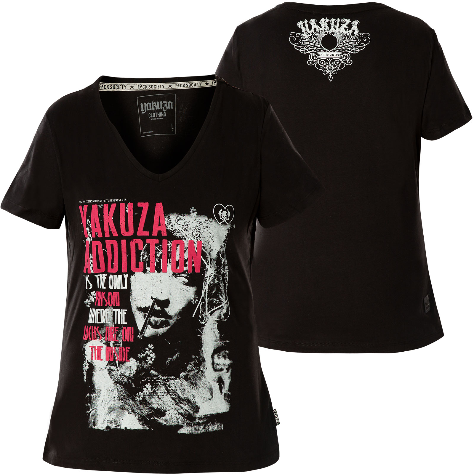 YAKUZA Damen Addiction V Neck T-Shirt GSB-16123 Schwarz 