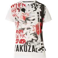T-Shirt with highly detailed print    Yakuza T-Shirt Run For Cover TSB-16012  in white  Short-sleeved shirt  Large print with lettering in fornt and in back  Lettering on the right sleeve  Logo print near the lower seam    100 % Cotton ...