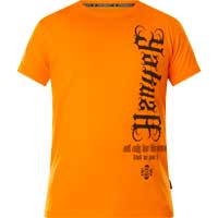 T-Shirt with prints and large lettering    Yakuza T-Shirt Evil Only TSB-23041  in orange  Short-sleeved shirt  Large lettering on the front side  Large print with lettering on the back side  Logo print near the lower seam  Leather patch on the left side...