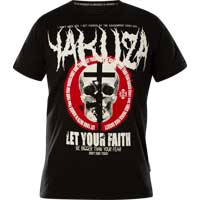 T-Shirt with prints and large lettering    Yakuza T-Shirt Faith TSB-23031  in black  Short-sleeved shirt  Large lettering on the front side  Large print with lettering on the back side  Logo print near the lower seam  Leather patch on the left side ...