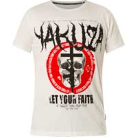 T-Shirt with prints and large lettering    Yakuza T-Shirt Faith TSB-23031  in white  Short-sleeved shirt  Large lettering on the front side  Large print with lettering on the back side  Logo print near the lower seam  Leather patch on the left side ...