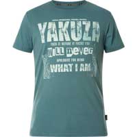 T-Shirt with prints and large lettering    Yakuza T-Shirt Apologise TSB-23025  in blue  Short-sleeved shirt  Large lettering on the front side  Large print with lettering on the back side  Logo print near the lower seam  Leather patch on the left side ...