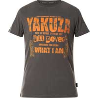 T-Shirt with prints and large lettering    Yakuza T-Shirt Apologise TSB-23025  in dark grey  Short-sleeved shirt  Large lettering on the front side  Large print with lettering on the back side  Logo print near the lower seam  Leather patch on the left side...
