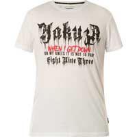 T-Shirt with prints and large lettering    Yakuza T-Shirt Get Down TSB-23027  in white  Short-sleeved shirt  Large lettering on the front side  Large print with lettering on the back side  Logo print near the lower seam  Leather patch on the left side...