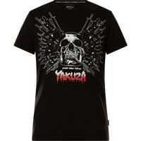 T-Shirt with prints and large lettering    Yakuza T-Shirt Failure TSB-23040  in black  Short-sleeved shirt  Large lettering on the front side  Large print with lettering on the back side  Logo print near the lower seam  Leather patch on the left side ...