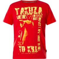 T-Shirt with prints and large lettering    Yakuza T-Shirt Sometimes TSB-23039  in red  Short-sleeved shirt  Large lettering on the front side  Large print with lettering on the back side  Logo print near the lower seam  Leather patch on the left side ...