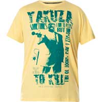 T-Shirt with prints and large lettering    Yakuza T-Shirt Sometimes TSB-23039  in yellow  Short-sleeved shirt  Large lettering on the front side  Large print with lettering on the back side  Logo print near the lower seam  Leather patch on the left side ...