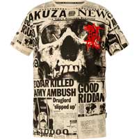 T-Shirt with prints and large lettering    Yakuza T-Shirt Newsflash TSB-23042  in beige  Short-sleeved shirt  Large lettering on the front side  Large print with lettering on the back side  Logo print near the lower seam  Leather patch on the left side ...