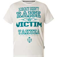 T-Shirt with prints and large lettering    Yakuza T-Shirt No Victim TSB-23028  in white  Short-sleeved shirt  Large lettering on the front side  Large print with lettering on the back side  Logo print near the lower seam  Leather patch on the left side...