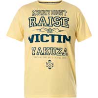 T-Shirt with prints and large lettering    Yakuza T-Shirt No Victim TSB-23028  in yellow  Short-sleeved shirt  Large lettering on the front side  Large print with lettering on the back side  Logo print near the lower seam  Leather patch on the left side...